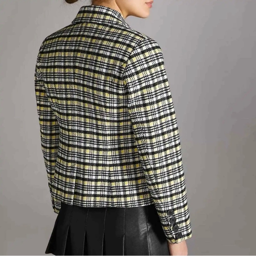 Avec Les Filles Tweed Blazer Yellow Plaid Double Breasted Small Light Ac…